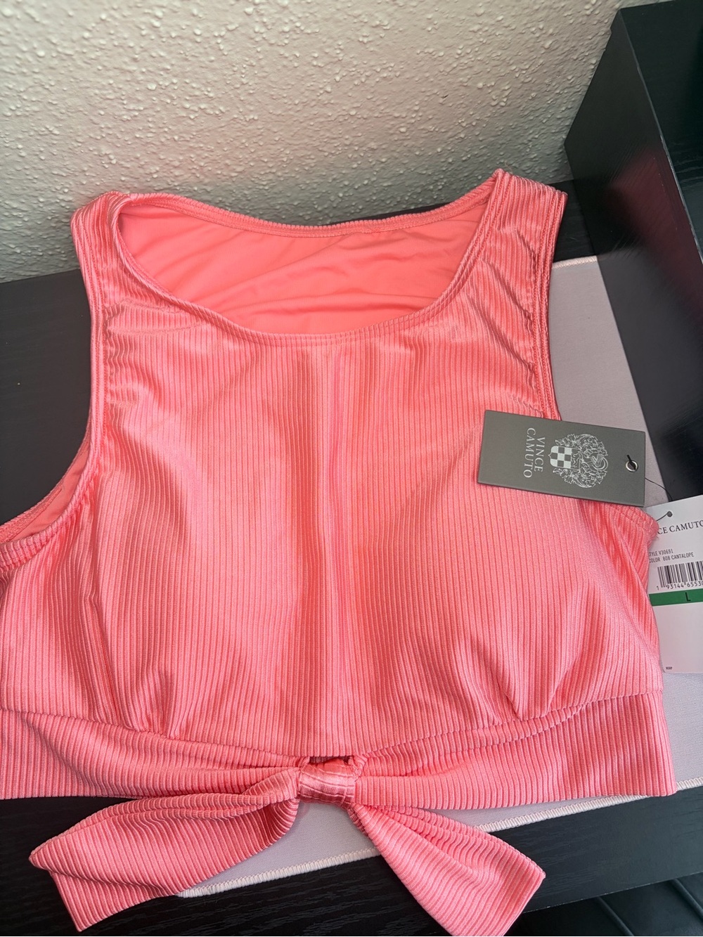 Vince Camuto Coral Pink Ribbed Tie-Front Crop Tank
